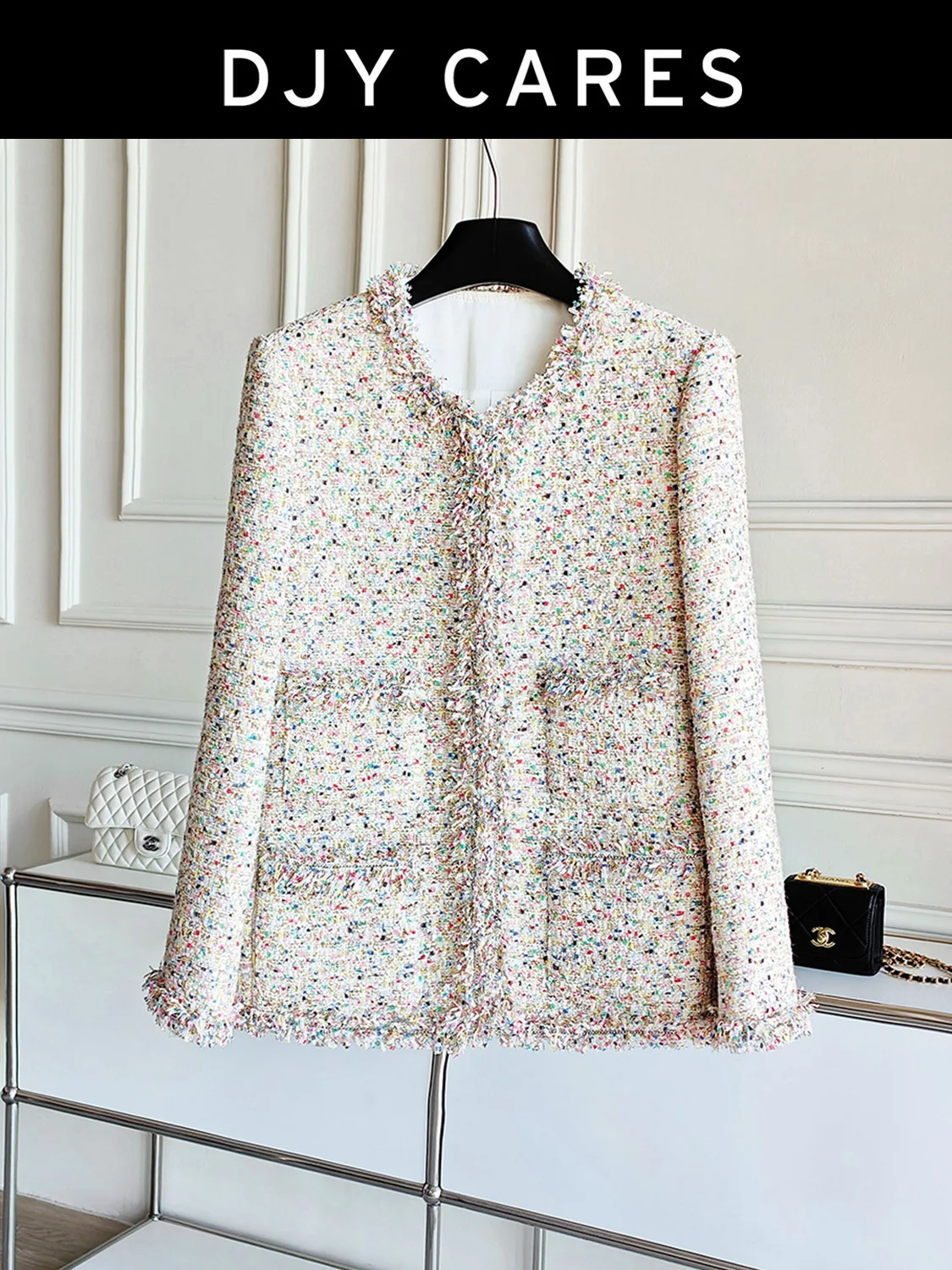 

New Coarse tweed high setting colorful coat versatile mid length wool top big size
