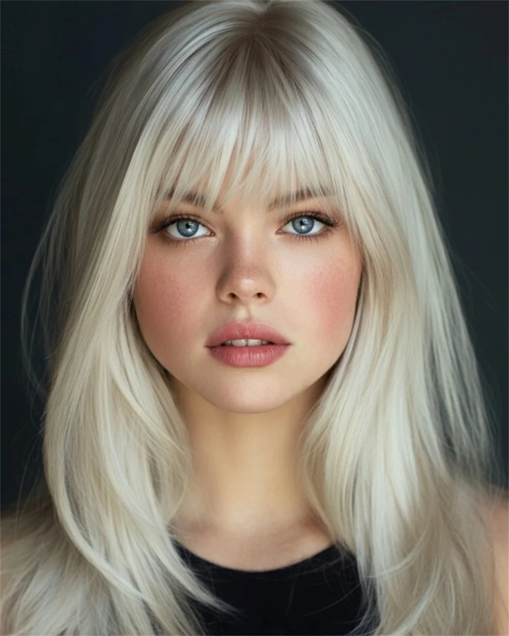 16 Inch Synthetic Ash Roots Wig With Bangs Shoulder Length Straight Lace Front Wig White Blonde Cosplay Layered For Girls Women