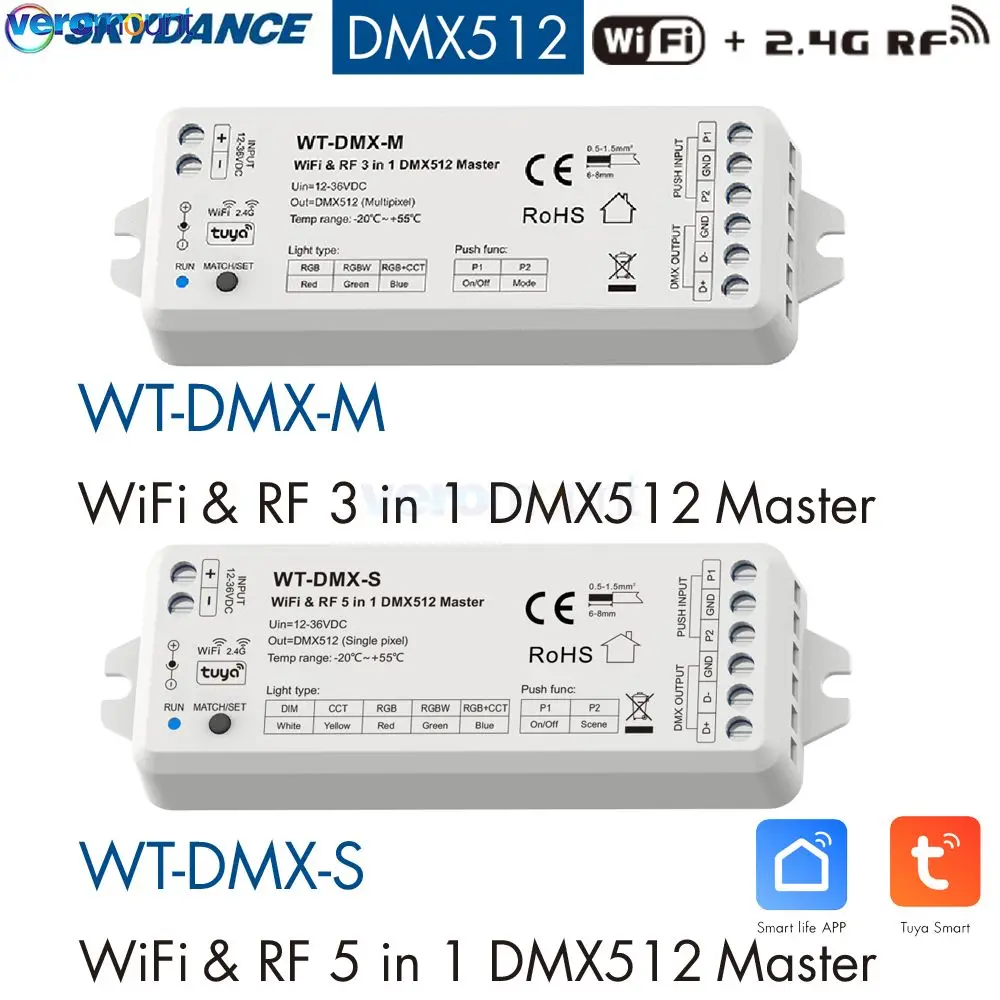 Skydance WT-DMX-M RGB RGBW RGB+CCT 3 in 1 WT-DMX-S 5 in 1 12-36V DC WiFi & RF DMX 512 Master with Tuya APP Control Voice Control