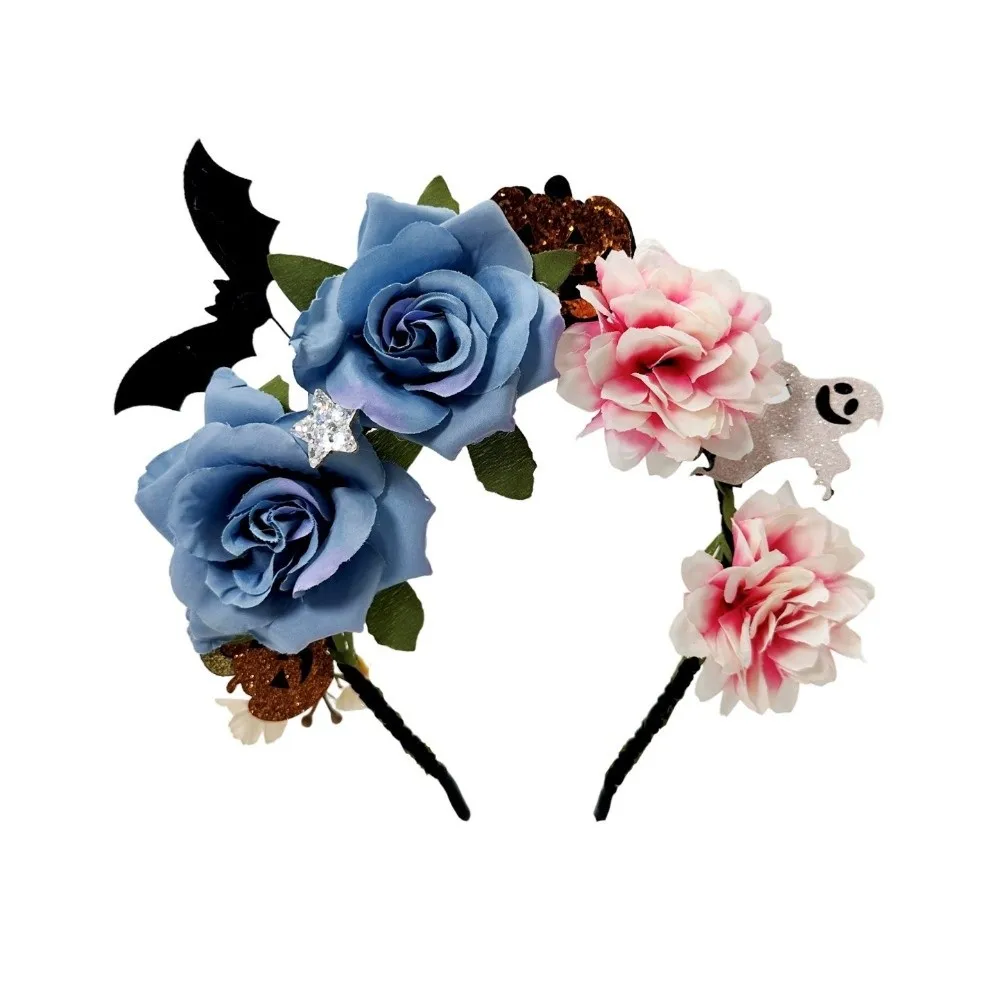 

Exaggerated Skull Head Headband Simulation Bat Colorful Halloween Hair Hoop Funny Halloween Decor Gothic Flower Hairband