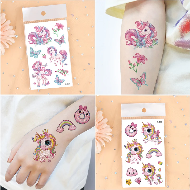 

12 Sheets Glitter Cute, Unicorn Glitter Styles Temporary Waterpro of Tattoos Stickers Tattoos For Birthday Party Supplies
