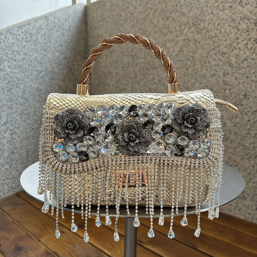 

Snake Pattern Flower Diamonds Handbag for Women Tassels Design Ladies Shoulder Crossbody Bags Party Evening Bag Small Square Bag