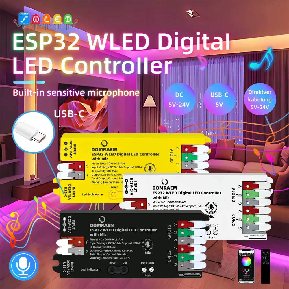 

DOMRAEM ESP32 Type-C WLED цифровой контроллер светодиодных лент с микрофоном DC5-24V (16A Max) ~ 0,5 Вт в режиме ожидания DIY100 + WS2811/12B/14/05