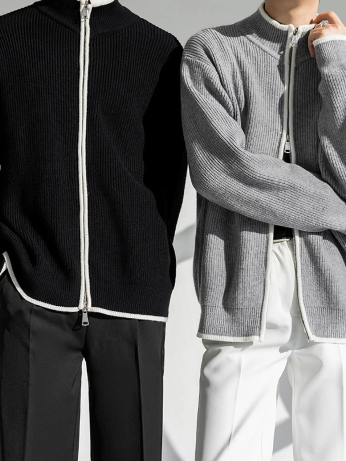 

Мужской вязаный кардиган Pure Color в стиле ретро с цветными блоками, на двойной молнии, осенне-зимний модный топ для молодежи