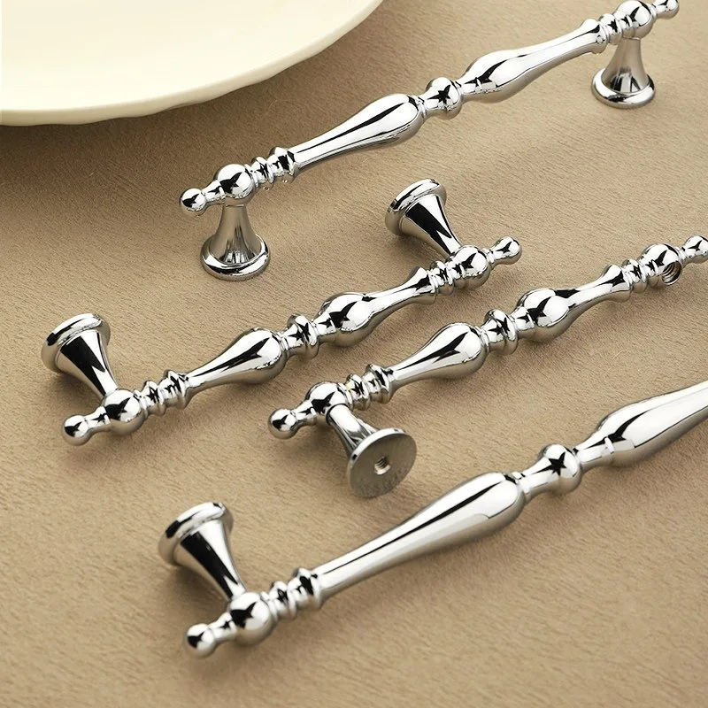 French Glossy Chrome Plated Handle, Retro Carved Mirror Cabinet, Wardrobe Door Handle, Furniture Long Handle