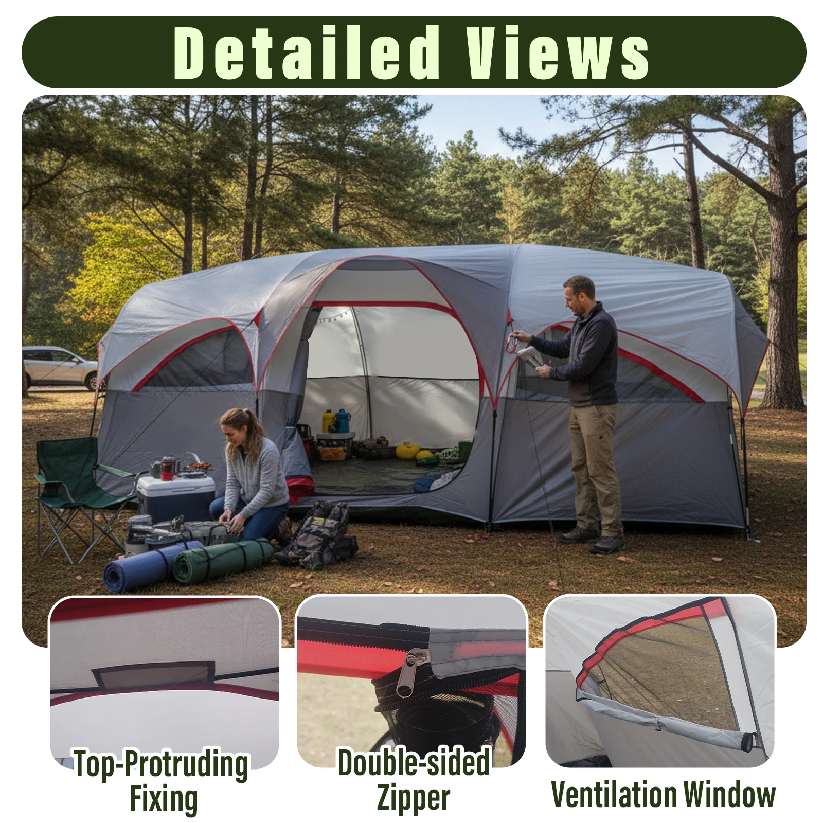 8‑Person Large Family Camping Tent, Spacious Cabin Tent with Mesh Ventilation Windows for Outdoor Camping Trips