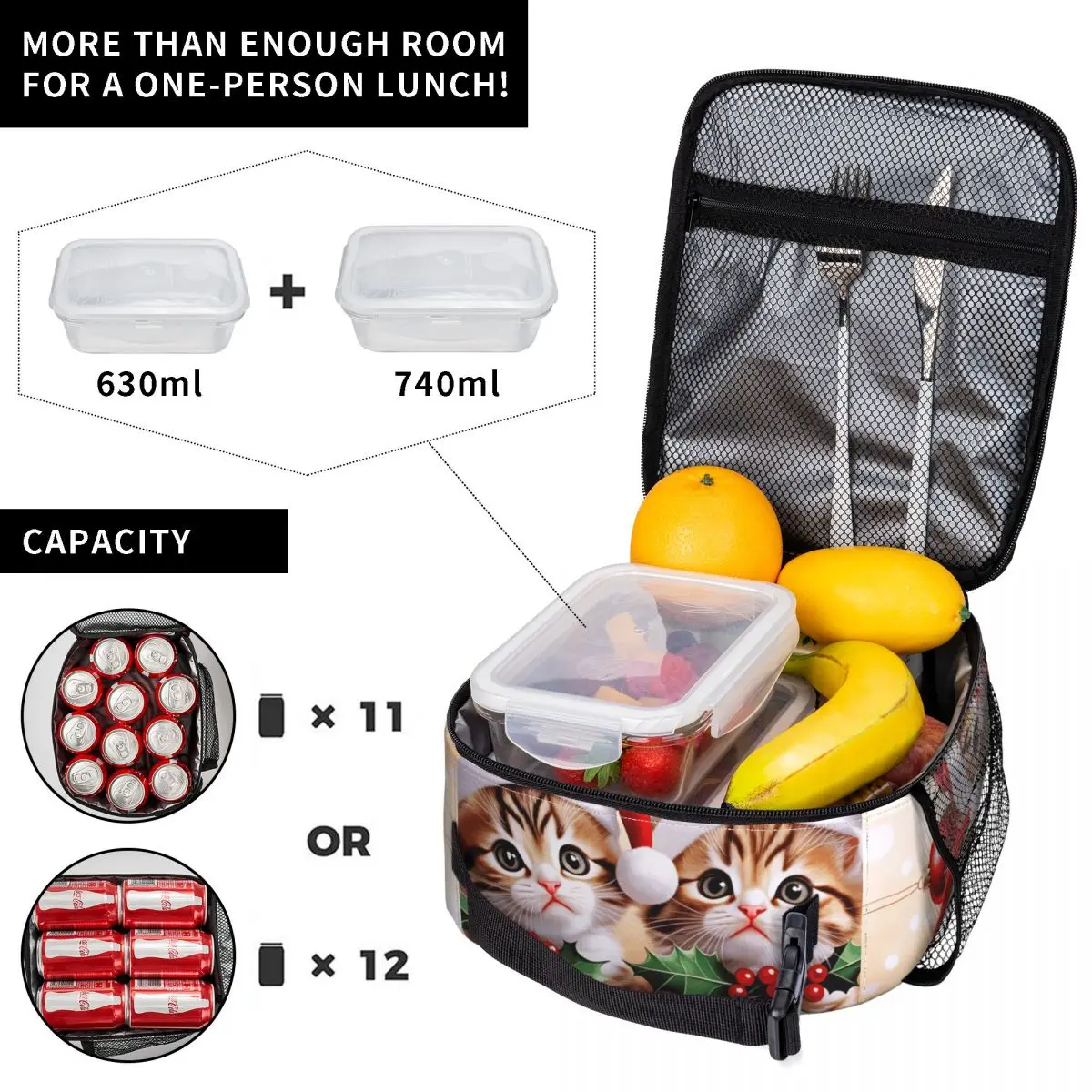 Christmas Cats Adorable Kittens In Festive Lunch Bag For Women Lunch Box Fashion Picnic Cooler Bag Convenient Tote Handbags