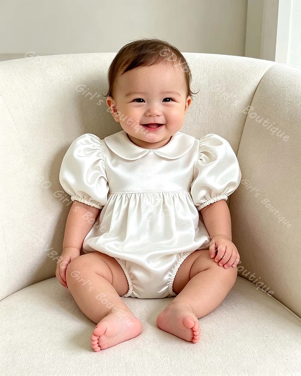 Elegant Satin Jumpsuits for Baby Girls Bean Neck Puff Sleeves Baptism Dress Simple Christening Communion Infants Clothing Custom