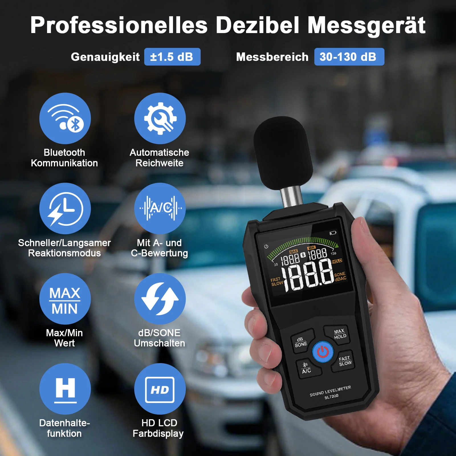 Digital Noise Meter With Bluetooth, 30-130dB Range, Condenser Microphone Sensor, For Construction Site & School Sound Detection