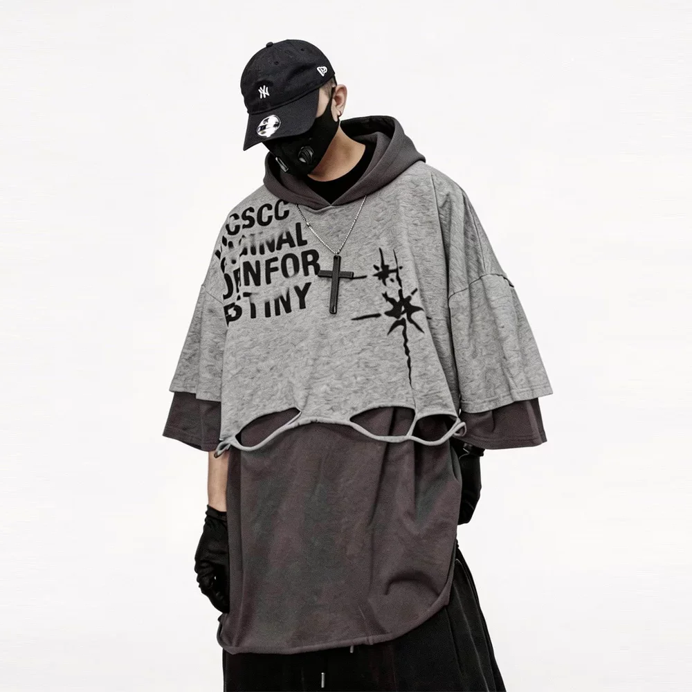 2026 Summer Hip Hop Streetwear Oversized T-Shirt Men Hooded Fake Two Piece Short Sleeve Cotton Tee Casual Tshirt Tops