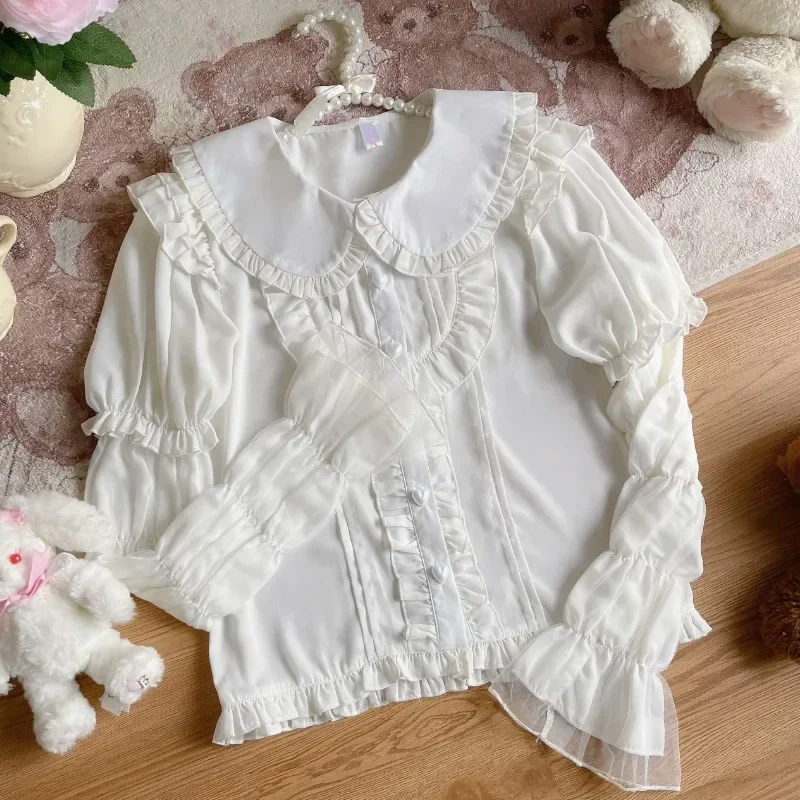 Victorian Gothic Lolita Shirt Fashion 2024 Kawaii Tops Cute Ruffles Peter Pan Collar Blouses Women Korean Womens Autumn Clothing