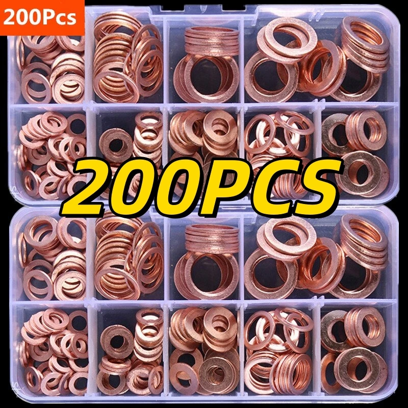 200/50PCS Juego de Arandelas de Cobre, Juntas, Tuercas y Pernos, Kit Surtido de Anillos Planos con Caja //M8/M10/M12/M14 para Tapones de Cárter