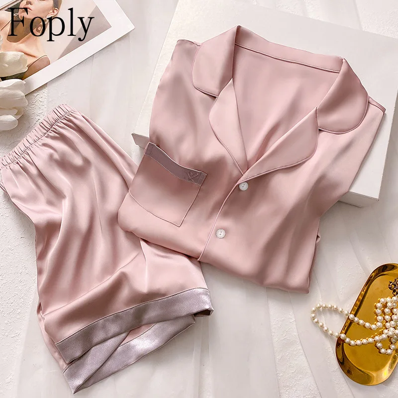 Pocket Heart Print Women Pajamas Set Spring Summer 2 Piece Pyjama Satin Silk Sleepwear Shortsleeve Shorts Pijama Pjs Loungewear