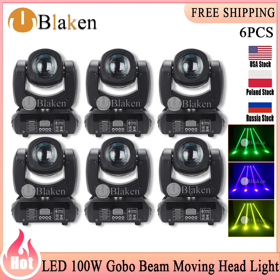 No Tax 6Pcs Moving Head Beam 2r Spot Lyre 100W LED Stage Pattern Light DMX Control with 8 Rotating Prism Super Bright DJ Disco