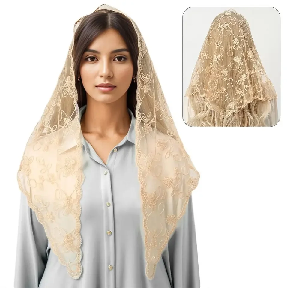 

Fashion Soft Lace Triangle Scarf Elegant Hollow Head Wrap Scarf Embroidery Floral Bandana Kerchief for Women