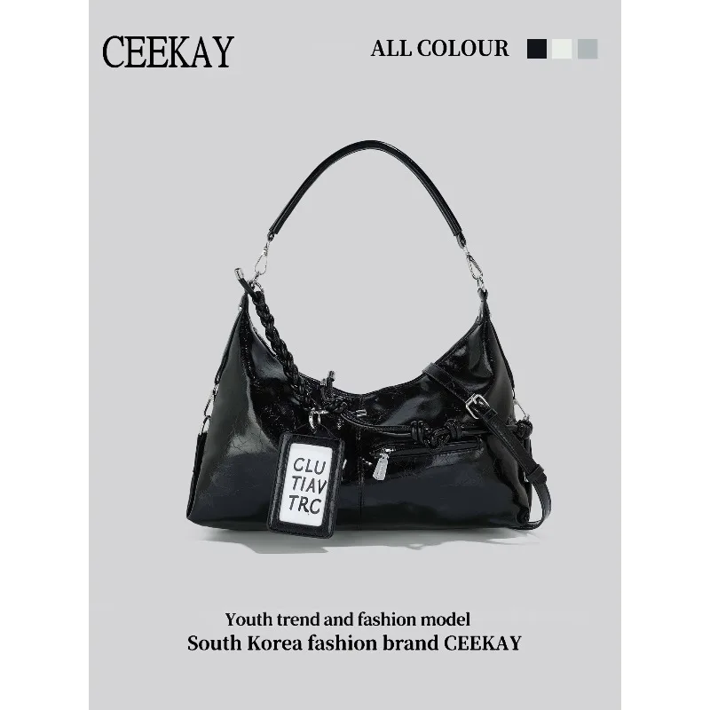 2026 CEEKAY Glossy Leather Hobo Bag Y2K Street Style Shoulder Bag with Letter Tag Trendy Handbag for Women Letter Tag Handbag