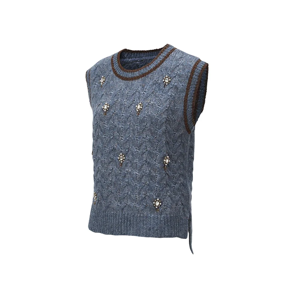 Autumn Winter Korean Style Wide shouldered Lady Sweaters Blue Elegant Vest Sweater With Diamonds