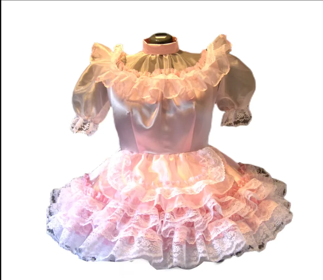 Adult sexy cross-dressing girl pink satin lace dress lockable uniform apron sissy dress Cd/Tv custom multiple