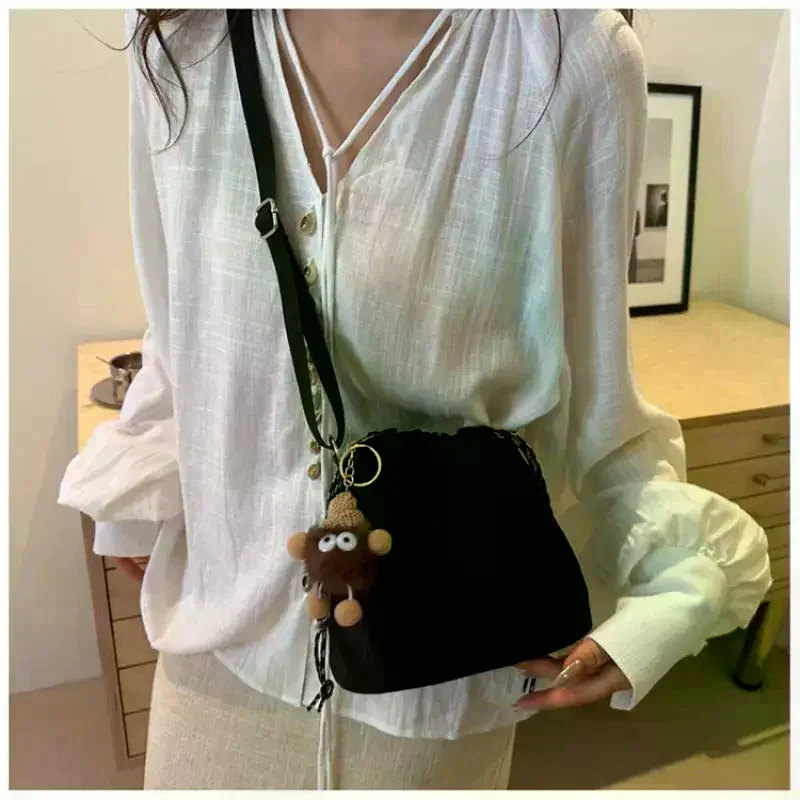Nylon Drawstring Crossbody Bag With Cute Plush Charm Adjustable Strap For Daily Shopping Travel
