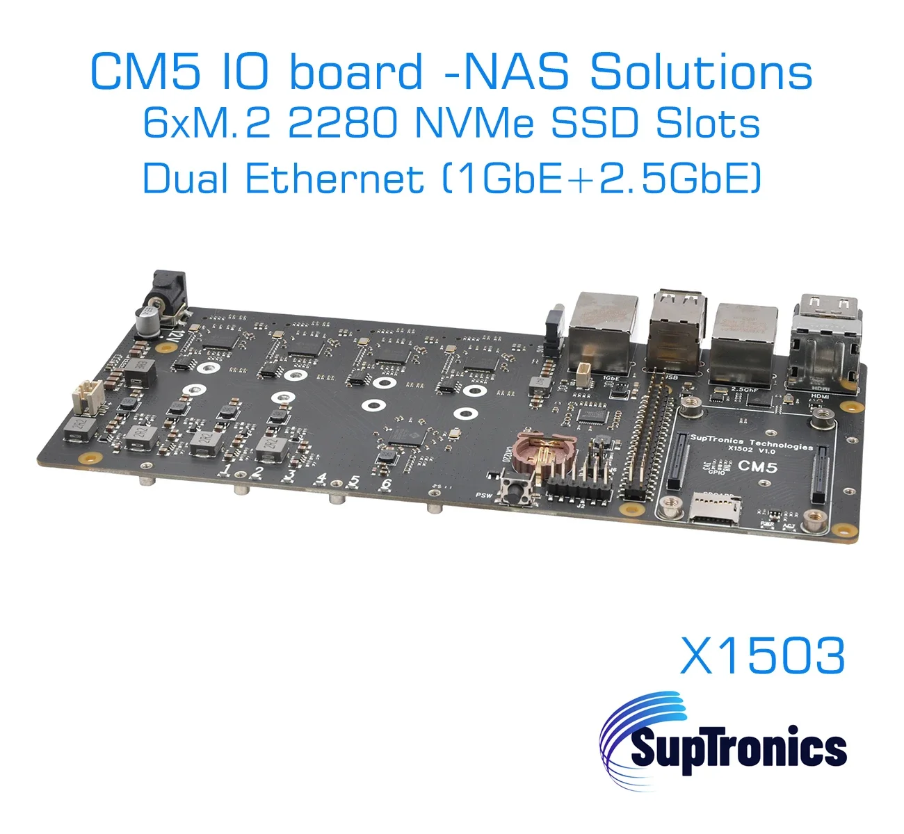 AeroPartsRaspberry Pi CM5 IO Board NAS 6xNVMe Dual Ethernet X1503