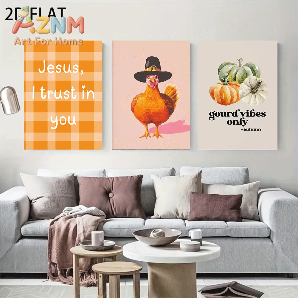 AZNM 3Pcs Neutral Orange White Pumpkin Canvas Wall Art, Soft Tone Fala Farmhouse Print Frameless CanAZNM Frameless Canvas Wall A