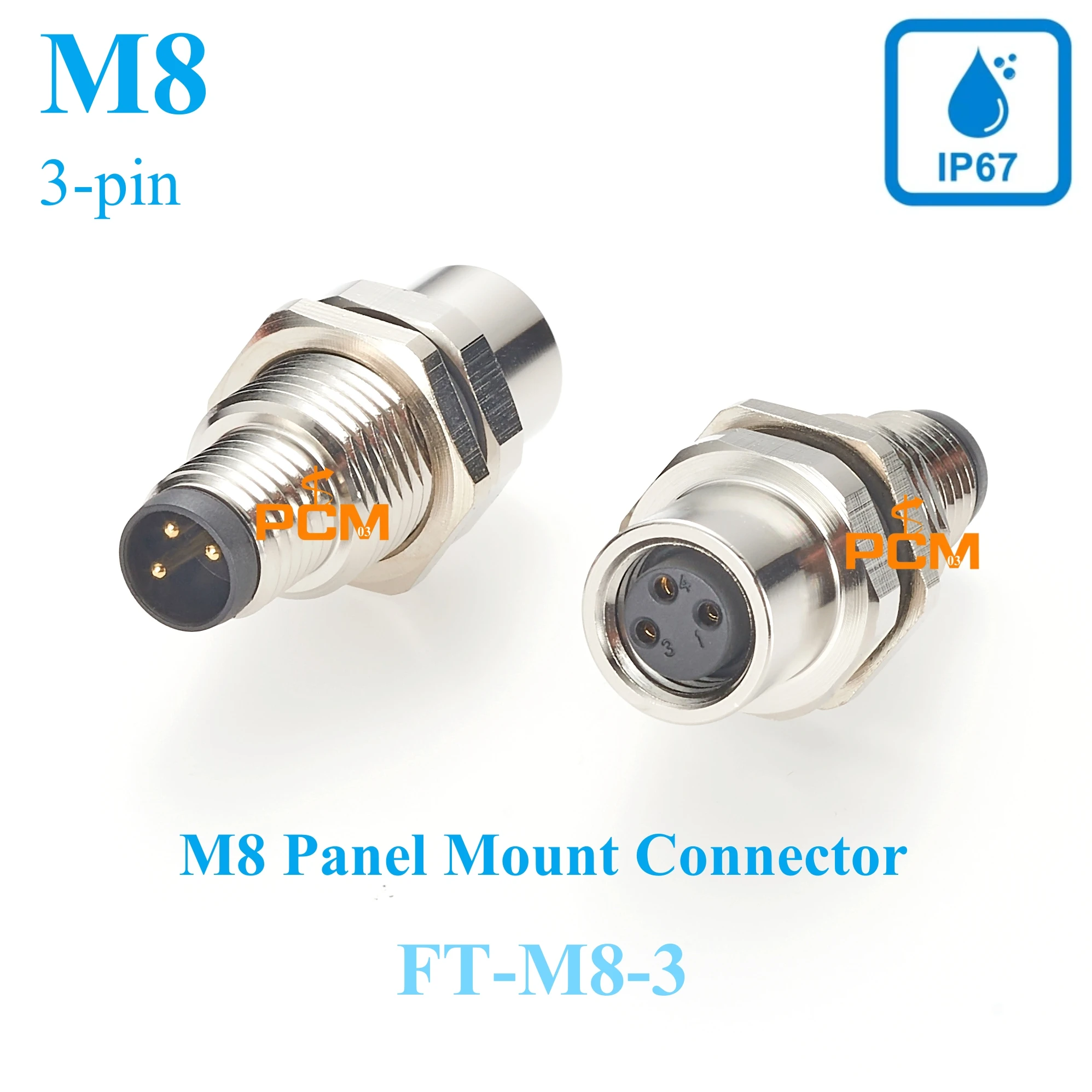 M8 A-Code 3 Pin Male to Female Bulkhead Connector IP67 Shielded Feedthrough Panel Mount Receptacle Industrial Circular Connector