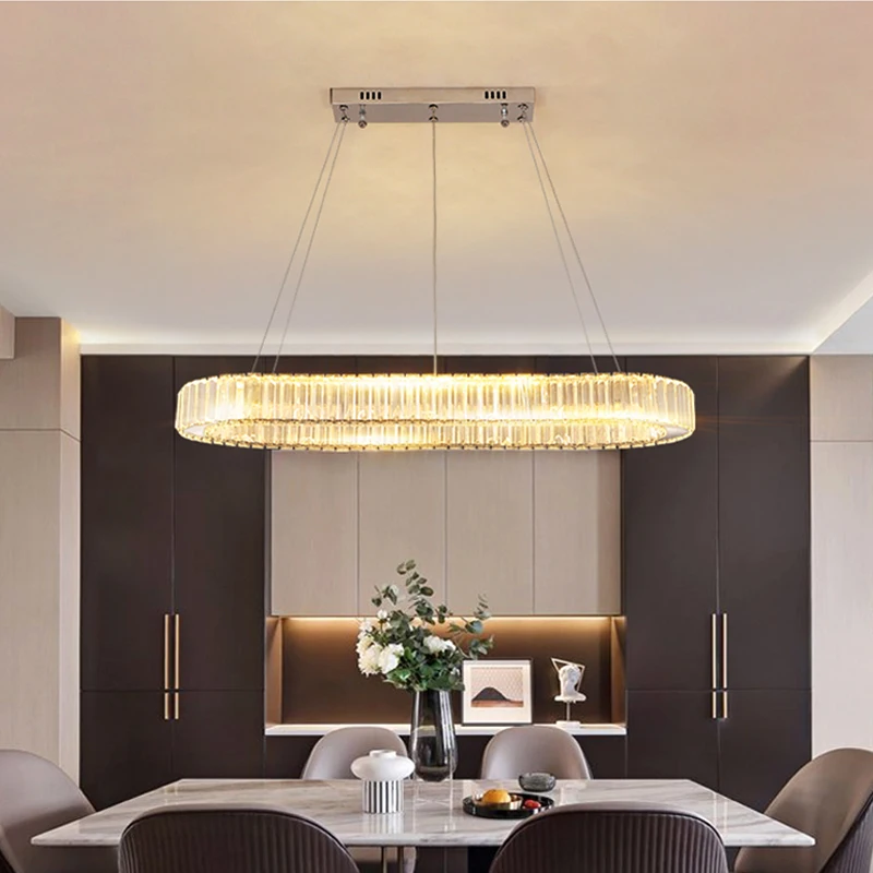 Modern Dining Room Ceiling Chandelier Led Dimmable Crystal Pendant Lights Interior Decoration Oval Gold Luster Lighting Fixtures