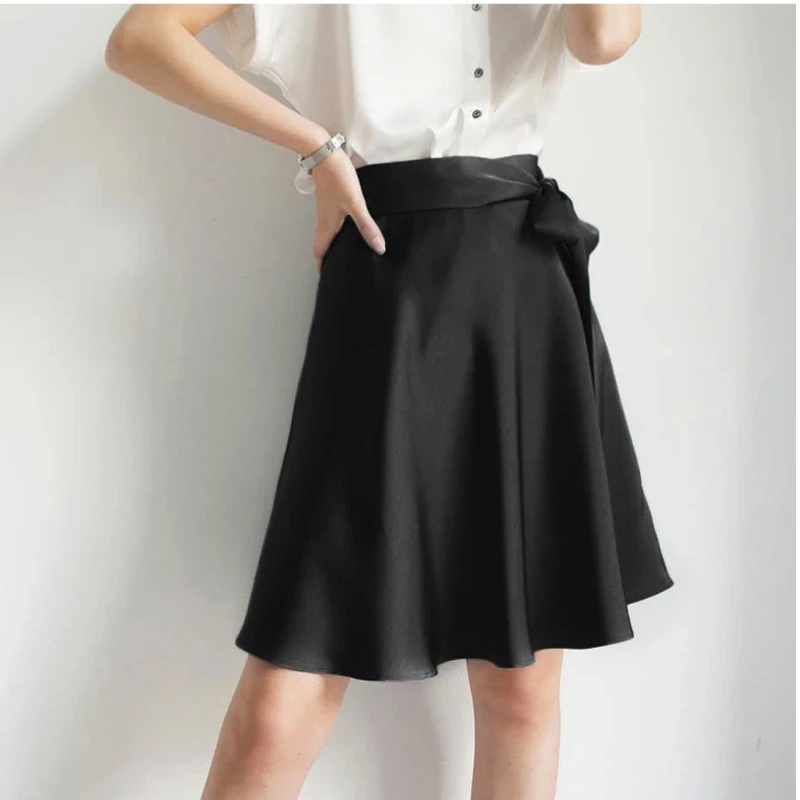 Women 22MM 100% Mulberry Silk A Line Skirt Summer Satin Midi Skirts Bow Tie Waist Solid Color Elegant Office Flared Short Skirt