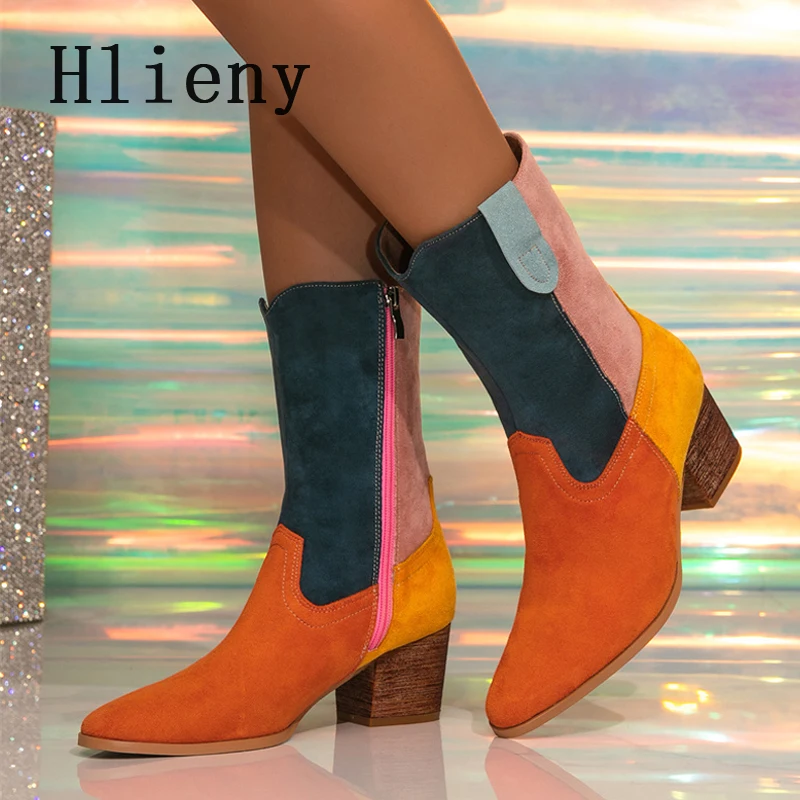 

Hlieny Winter Versatile Ankle Boots Women Western Fashion Pointed Toe Shoes Sexy Thick Low Heels Party Prom Zipper Botas Shoes
