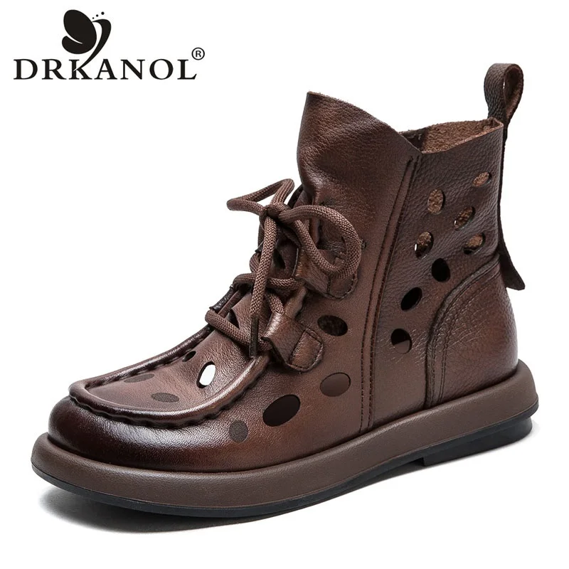 DRKANOL 2024 New Design Women Summer Breathable Shoes Hollow Out Cool Boots Literary Style Genuine Leather Flat Ankle Boots