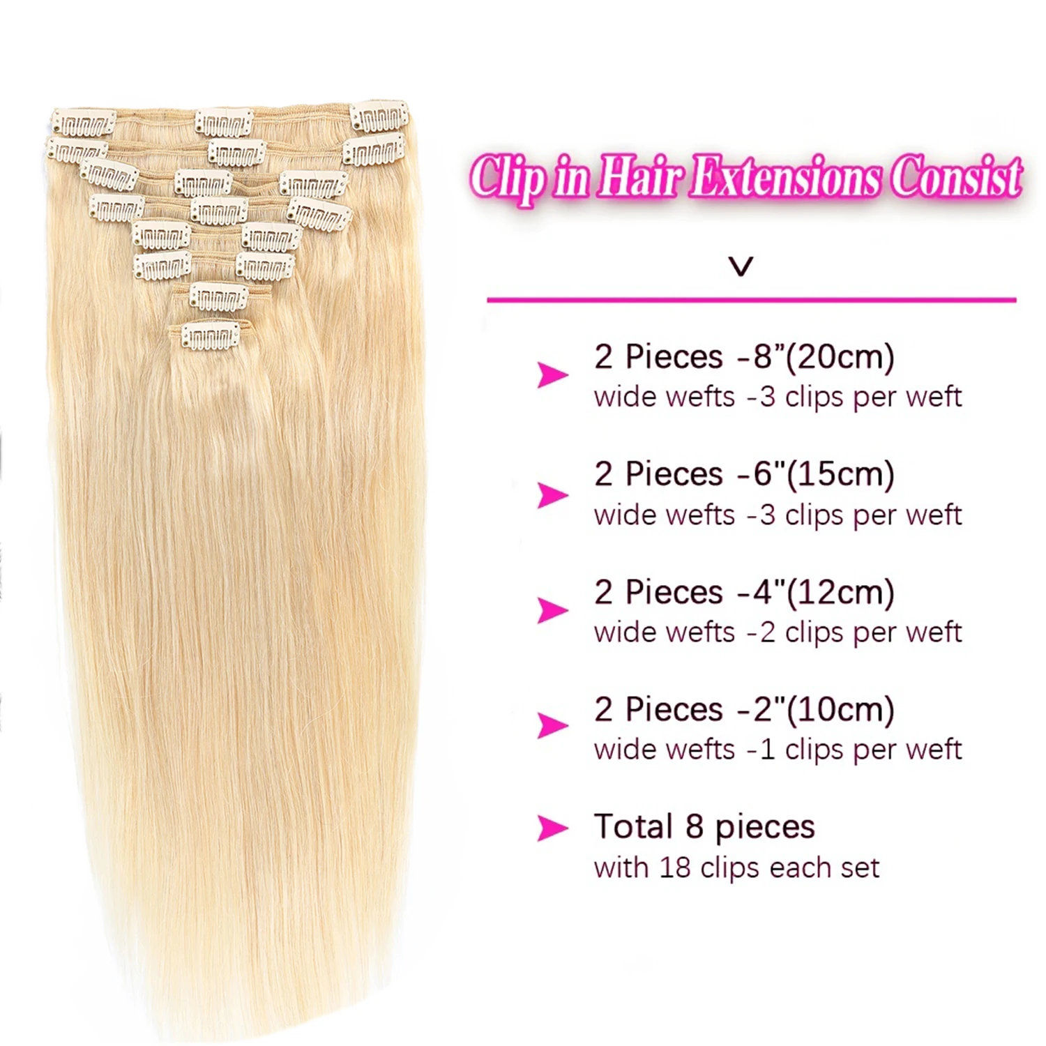 Straight Blonde Clip In Extensions 8 pcs/Set 100% Human Hair Full Head Hair Extension For Women Easy to Use Hair Clips #613