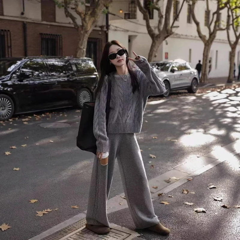 Two Piece Pant Sets Women Knit Thick Sweater Full Sleeve O Neck Pullovers Casual Straight Pants Solid Splice Lady Autumn Winter