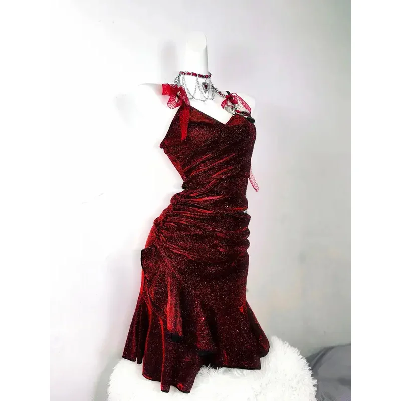 

FC6Red Demon Eyes Bat Dark Flash Red Halloween Sexy Wrapped Butt Fishtail Camisole Dress Christmas@FC8！