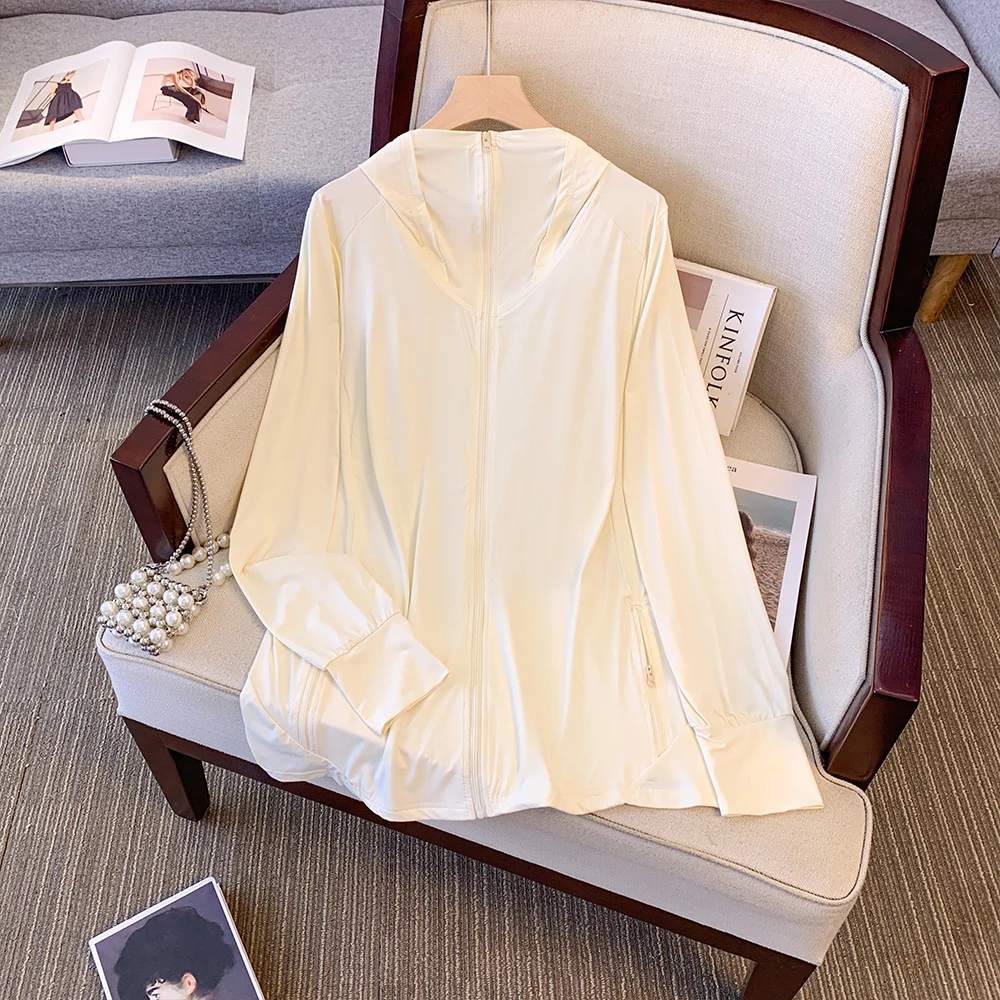 Plus size women summer Casual Sun Protection clothes Solid color hooded shirt UV protection with pockets comfortable breathable
