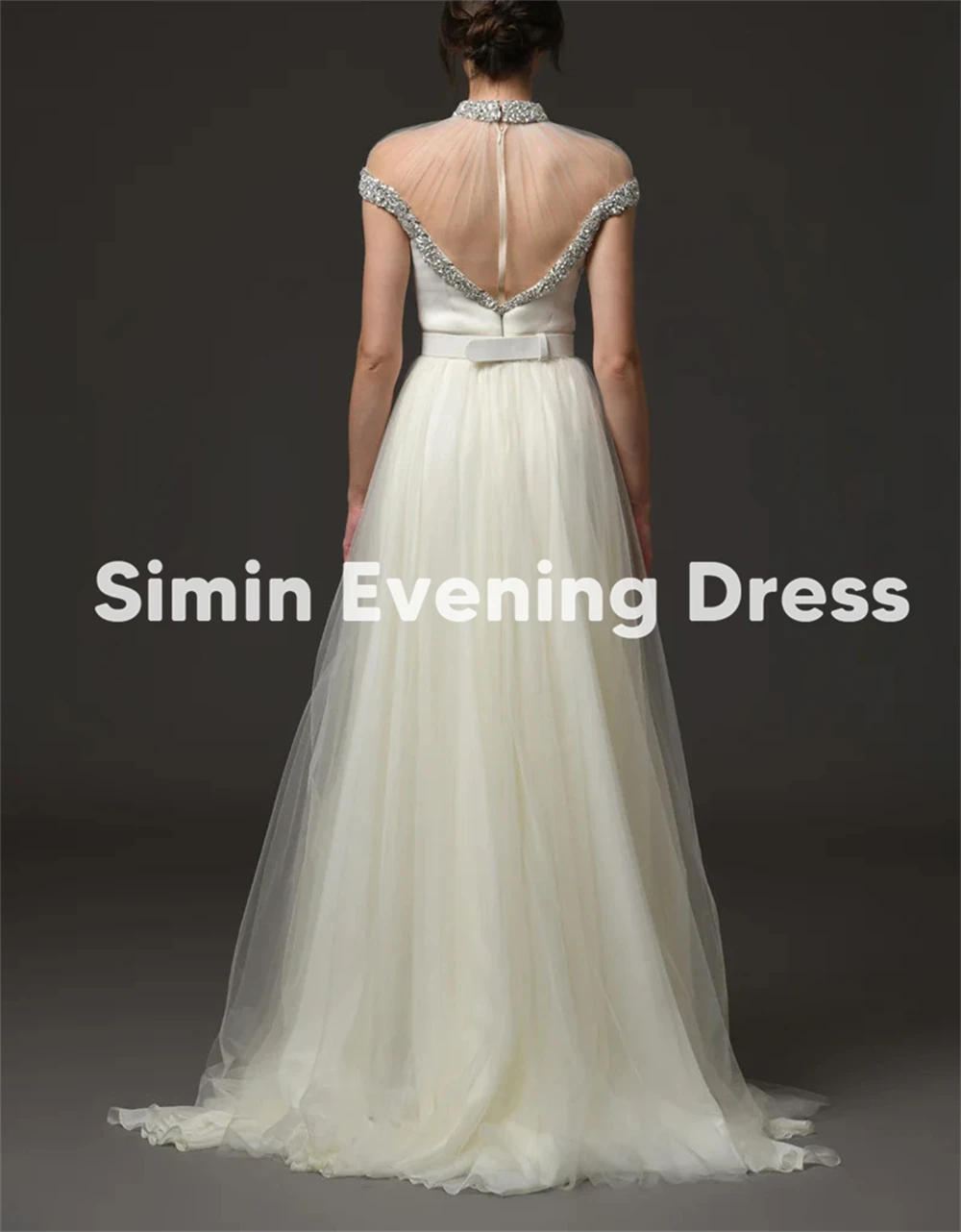 فساتين سهرة سعودية مستقيمة مطرزة برقبة دائرية للنساء من Simin بأكمام قصيرة مع ذيل بطول الأرض فساتين أنيقة رسمية 2025