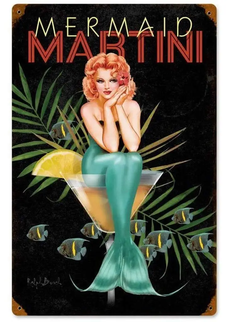 Wallors Home Room Wall Decor Metal Sign 8x12 Tin Signs Mermaid Martini Vintage Retro Vintage Plaque for Club Tavern Coffee Cafe