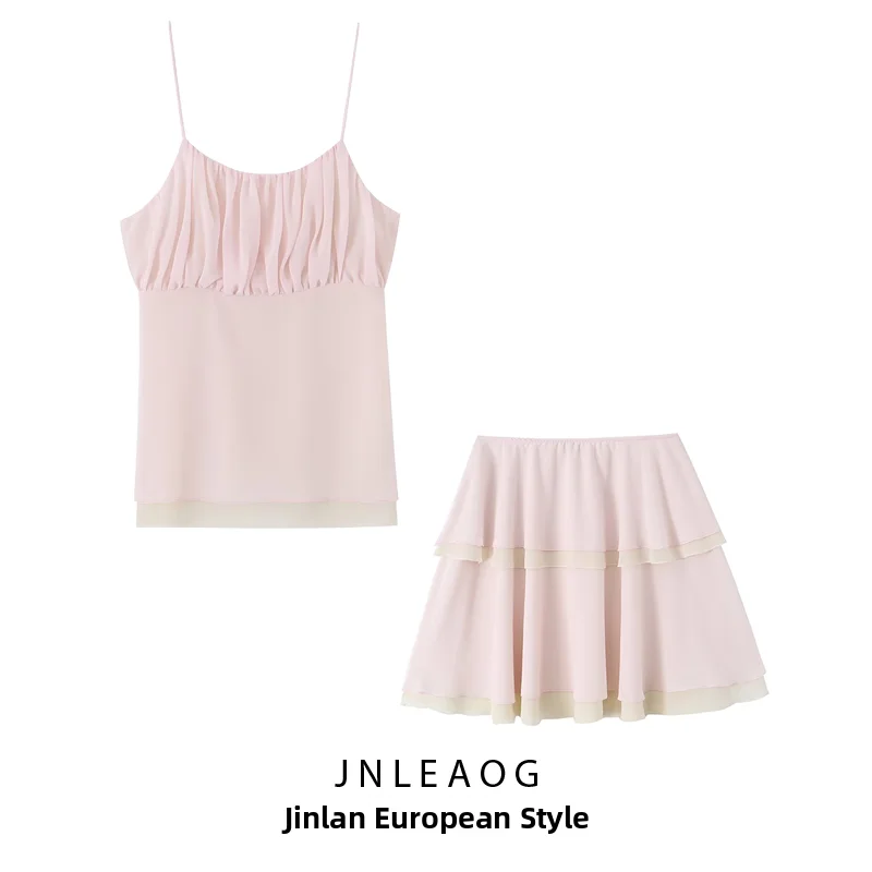 JNLEAOG Summer New Women's Fashion Chiffon Color Block  Dress And Skirt Set Regular Sleeveless Top with Contrast Color De...
