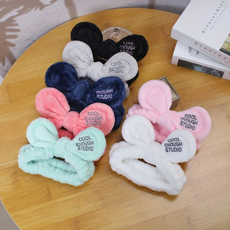 

Wide Plush Headband for Women with Bow, Embroidered Lettering Hairband for Face Washing & Makeup, Soft Thick Hair Accessories