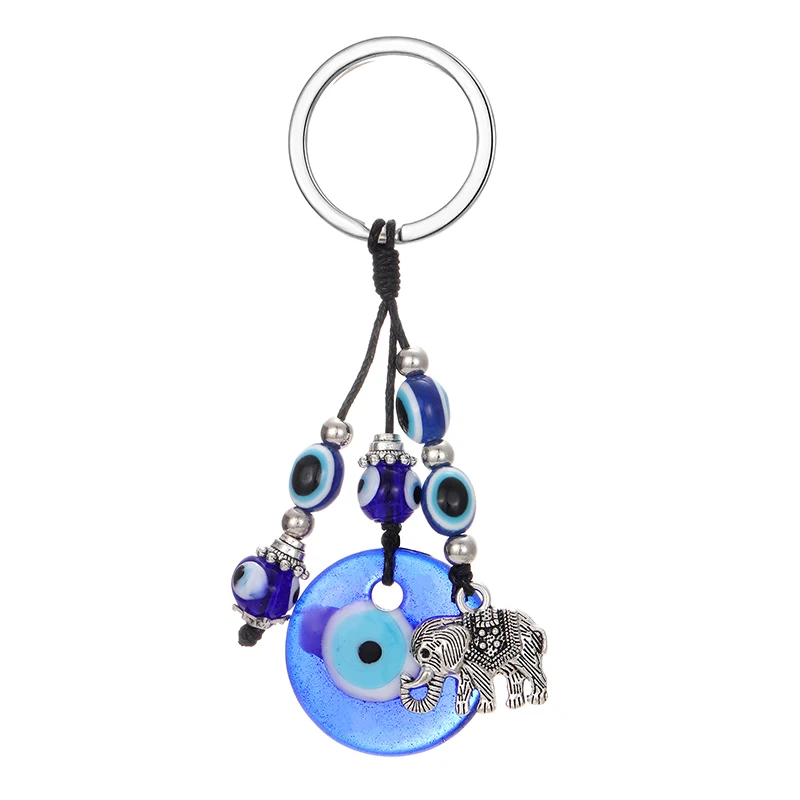 Round Blue Evil Eye Elephant Keychain Keyring For Men Women Trendy Vintage Glass Turkish Lucky Eye Tassel Bag Car Key Jewelry