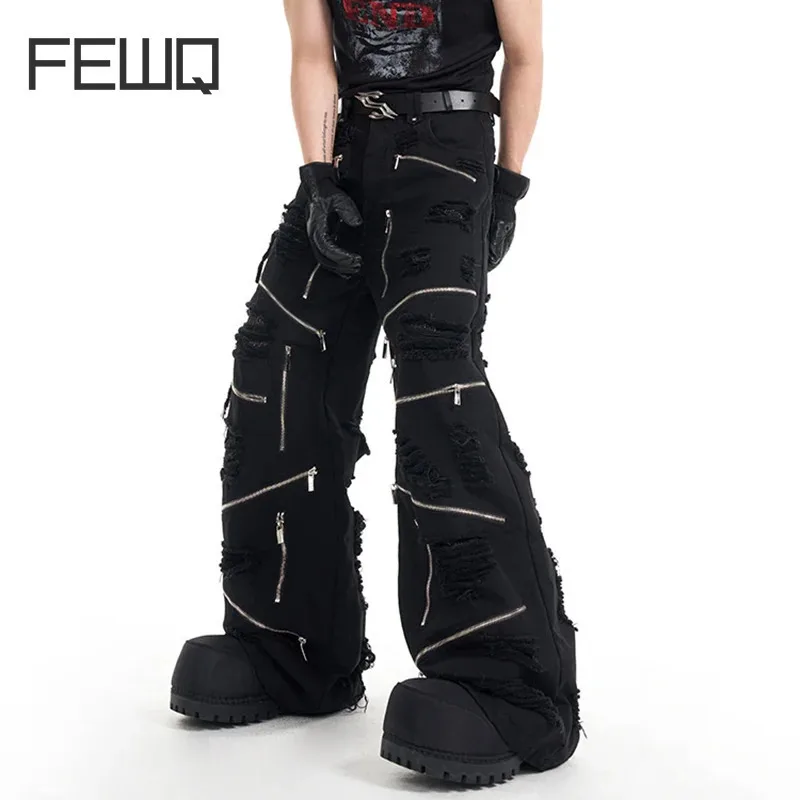 FEWQ High Street Men's Jeans Zipper Patchwork Hole Design Solid Color Straight Trousers Wide Leg Male Denim Pants Casual 24K1043