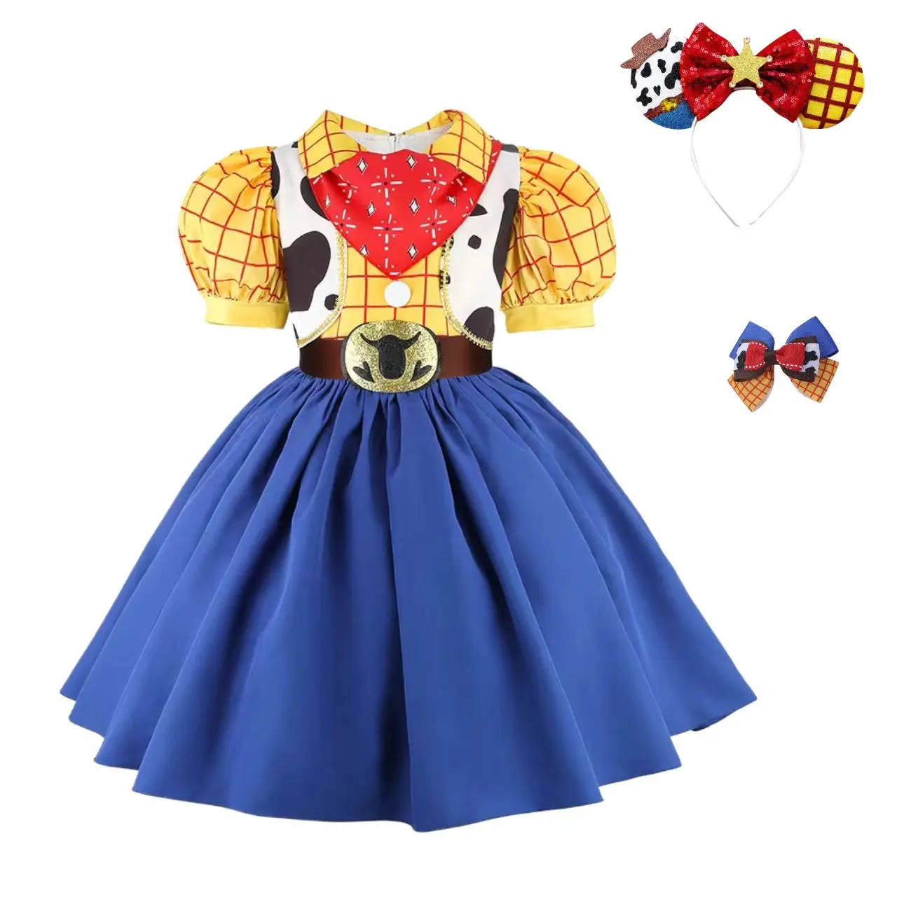 Cute Girl Yellow Checkered Puff Sleeves Cowboy Sweet Dress Casual Chic Festival Costumes Kids Birthday Party Costume Toddler Pri