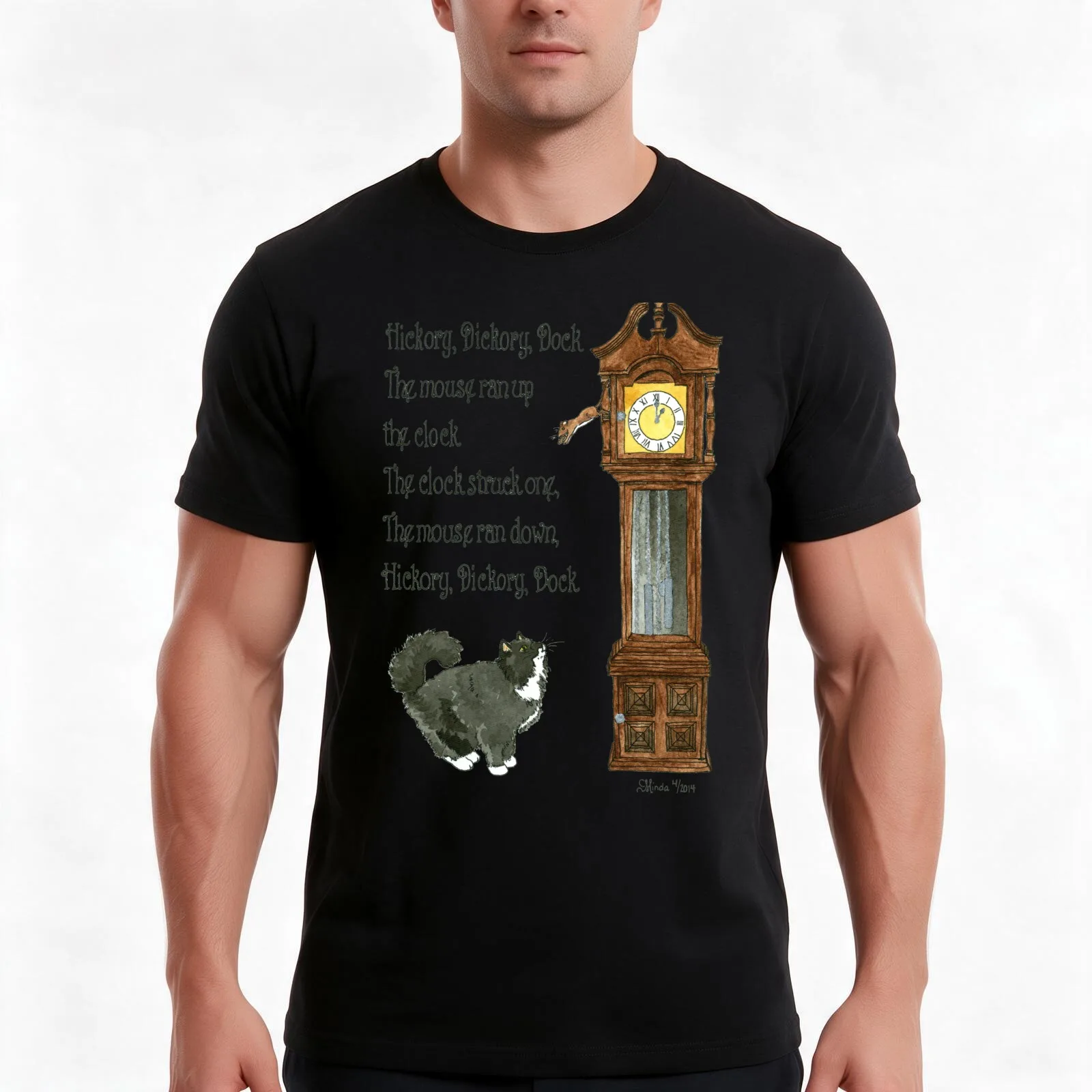 Daily Doodle 12-Hickory Dickory Dock T-Shirt, Summer Casual Cotton Tee, Oversized Streetwear Tops, Vintage Graphic Print