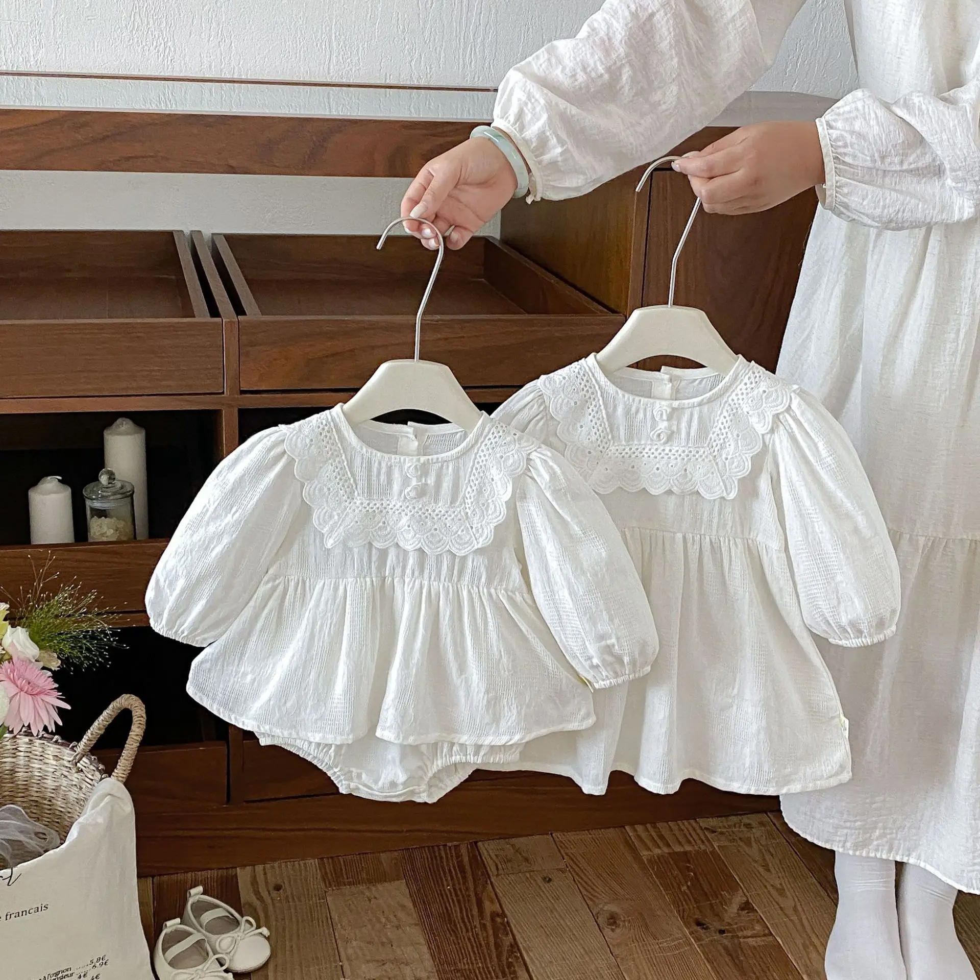 Baby Girls Cotton Bodysuit 2026 Autumn Lace Collar Ruffle Romper Dress Toddler Newborn Outfit forDaily Wear Baby Sisters Clothes