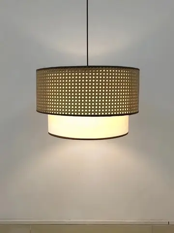 Wabi Sabi Rattan Pendant Lamp Hollow Woven Wicker & White Fabric Shade Hanging Light For Bedroom Kitchen Island Living Room