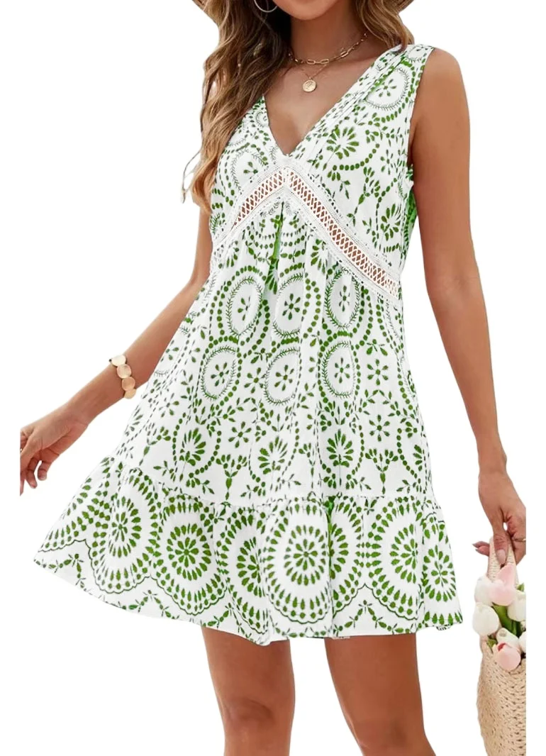 

Floral print summer dress for women hollow out V-neck lace sleeveless dresses