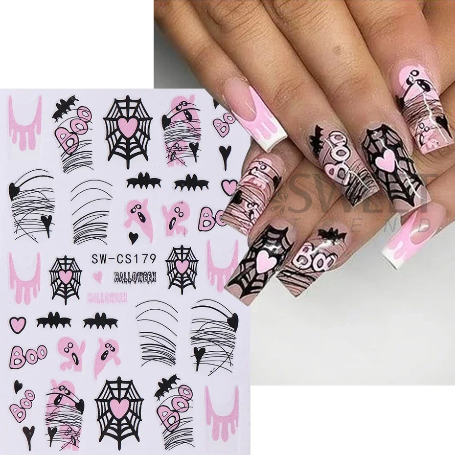 3D Halloween Nail Stickers  Pink Ghost Pumpkin Spider Web Sliders Scorpion Bat Dripping Blood DIY Winter Nail Decals  Decoration