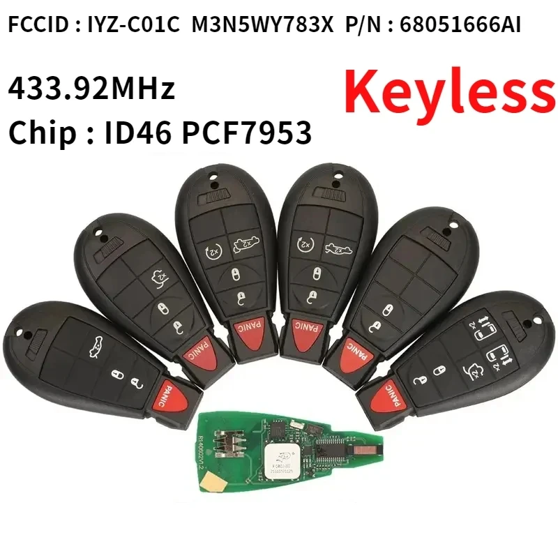 

keyless Go Fobik 433Mhz ID46 Remote key For Jeep Grand Cherokee Chrysler Town & Country 300 Dodge Caravan IYZ-C01C Smart key