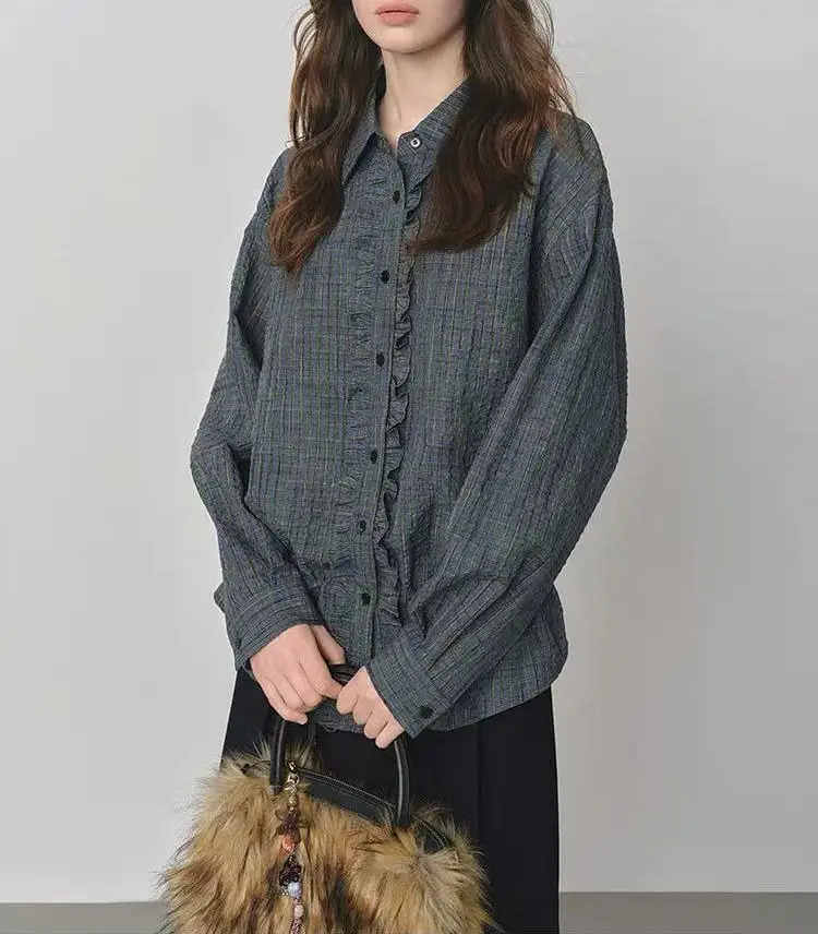 

Vintage Plaid Textured Blouse Women Spring Autumn Elegant Ruffle Trim Puff Sleeve Shirt Chic French Style Loose Oversized Shirt