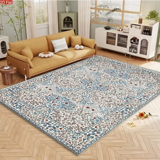 Vintage Blue Floral Square Area Rug Exquisite Botanical Border Non-Slip Floor Carpet for Living Room Bedroom Home Interior Decor