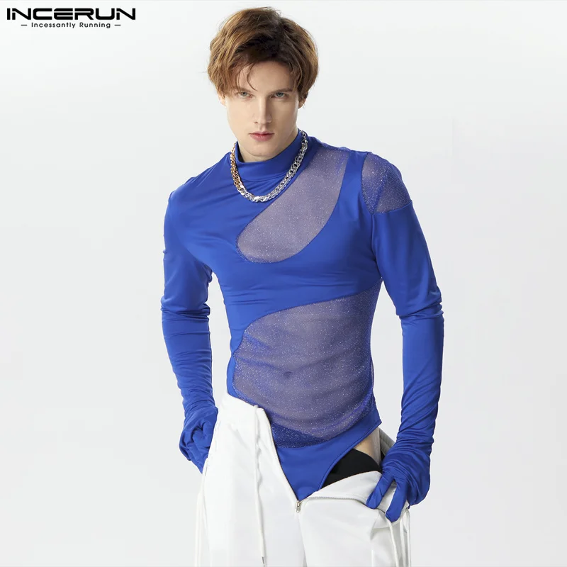 2024 Men Bodysuits Mesh Patchwork Sexy Transparent Streetwear Male Rompers Turtleneck Long Sleeve Fashion Bodysuit S-3XL INCERUN